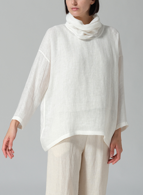 Woven Linen Long Sleeve Cowl Neck Top