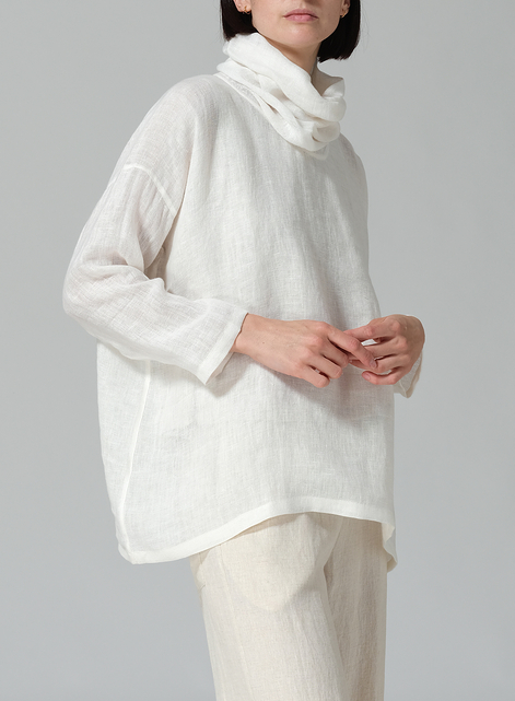 Woven Linen Long Sleeve Cowl Neck Top