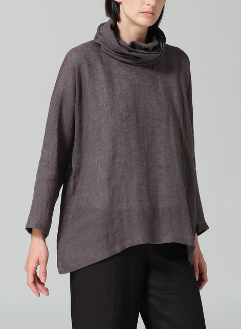 Woven Linen Long Sleeve Cowl Neck Top