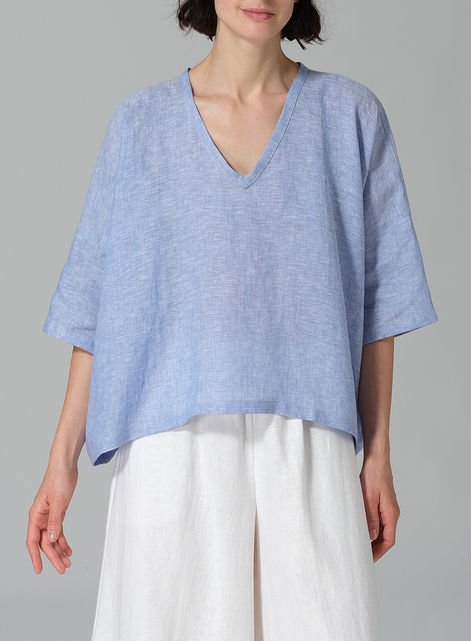 Linen Loose Deep V-Neck Top