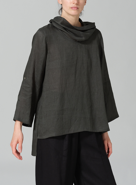 Linen Cowl Neck Rolled Sleeve Loose Top