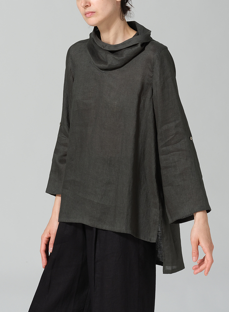 Linen Cowl Neck Rolled Sleeve Loose Top