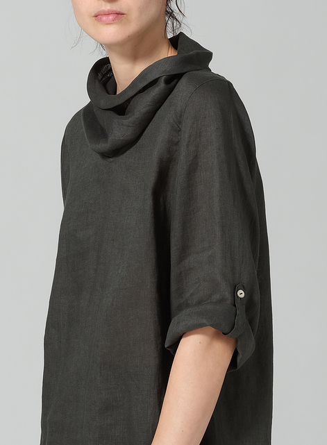 Linen Cowl Neck Rolled Sleeve Loose Top