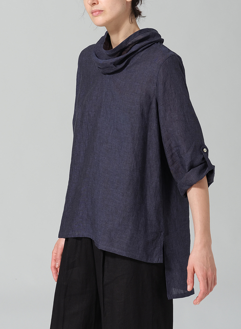 Linen Cowl Neck Rolled Sleeve Loose Top