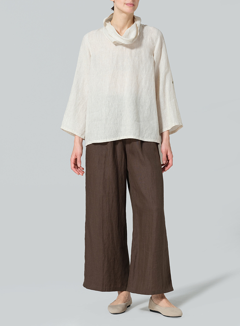 Linen Cowl Neck Rolled Sleeve Loose Top