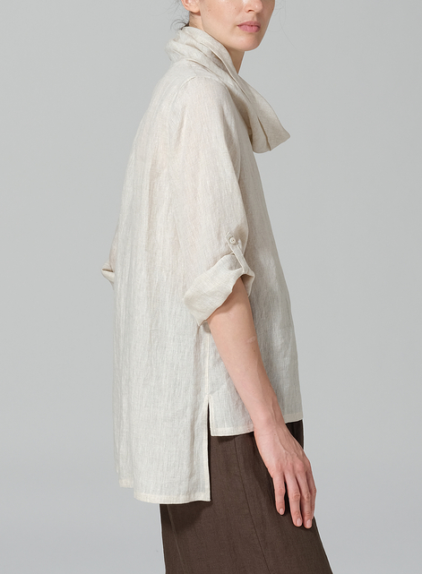 Linen Cowl Neck Rolled Sleeve Loose Top