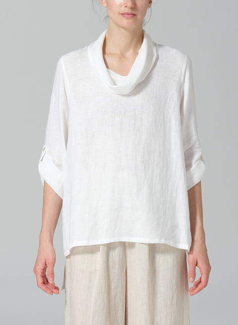 Linen Cowl Neck Rolled Sleeve Loose Top