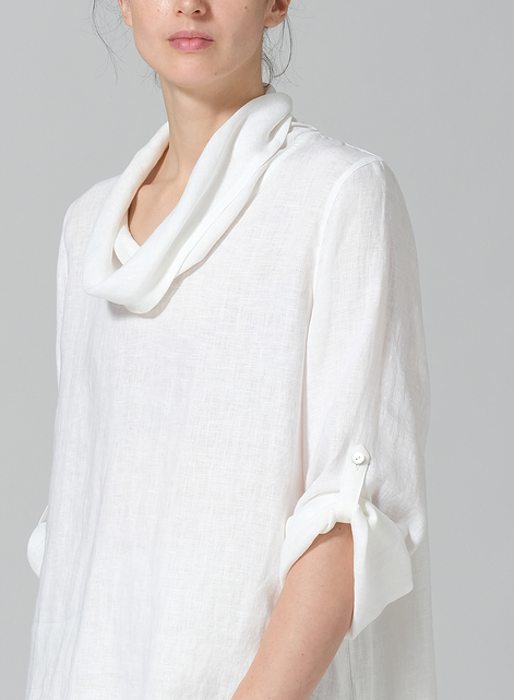 Linen Cowl Neck Rolled Sleeve Loose Top