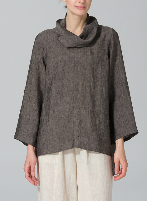 Linen Cowl Neck Rolled Sleeve Loose Top