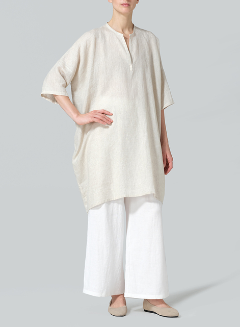 Linen Wide A-line V-neck Mandarin Collar Tunic