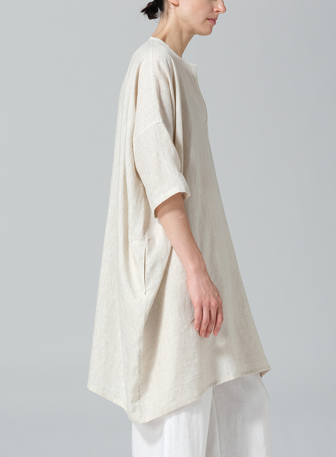 Linen Wide A-line V-neck Mandarin Collar Tunic