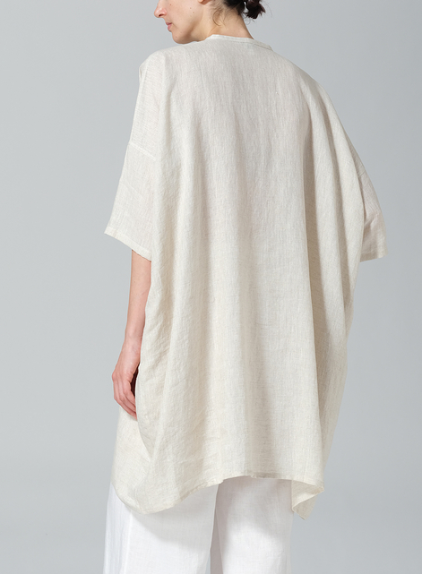 Linen Wide A-line V-neck Mandarin Collar Tunic