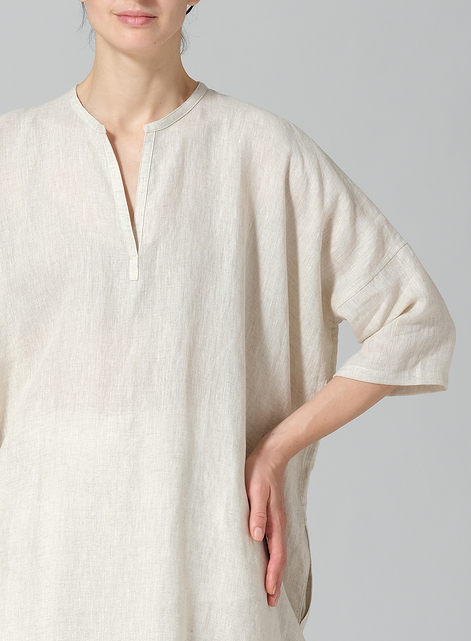 Linen Wide A-line V-neck Mandarin Collar Tunic