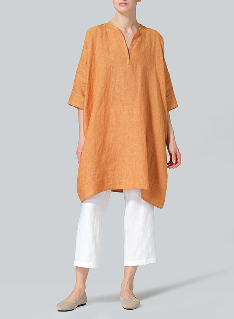 Linen Wide A-line V-neck Mandarin Collar Tunic