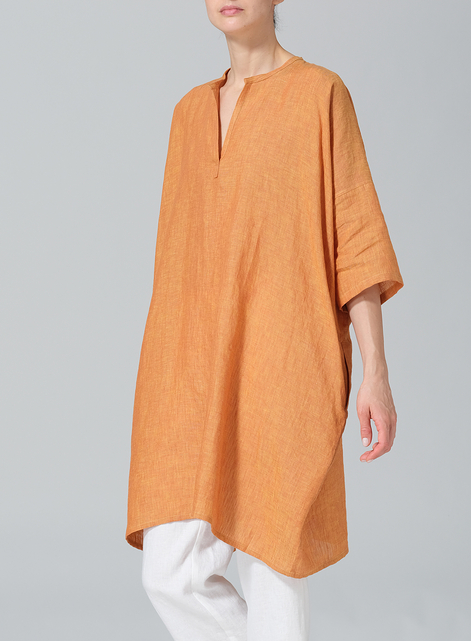 Linen Wide A-line V-neck Mandarin Collar Tunic