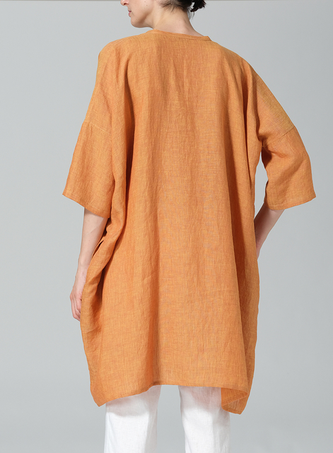 Linen Wide A-line V-neck Mandarin Collar Tunic