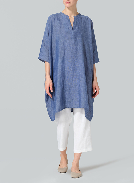 Linen Wide A-line V-neck Mandarin Collar Tunic