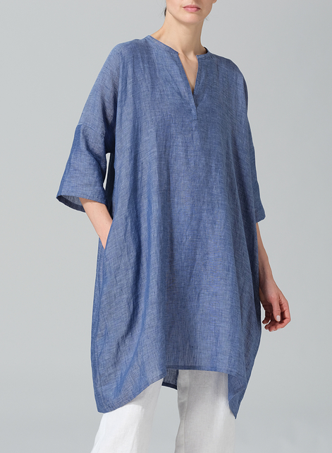 Linen Wide A-line V-neck Mandarin Collar Tunic