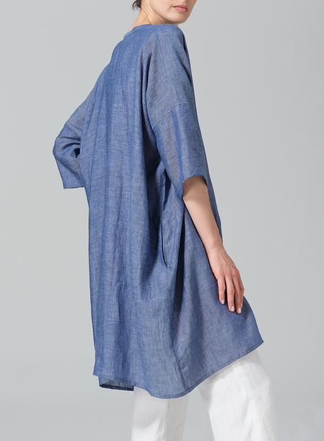 Linen Wide A-line V-neck Mandarin Collar Tunic