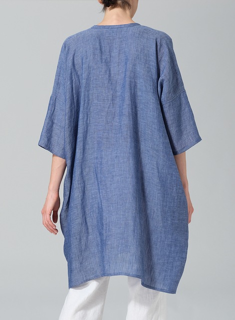 Linen Wide A-line V-neck Mandarin Collar Tunic