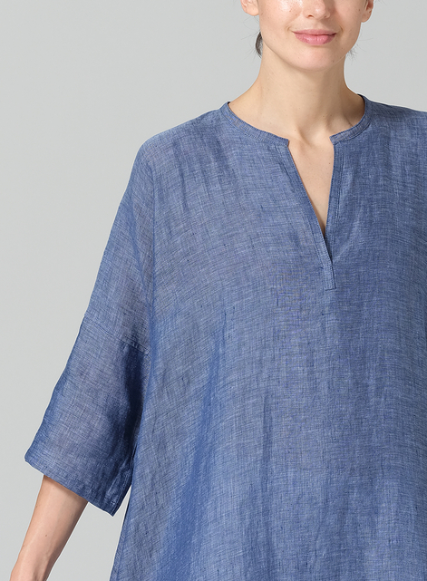 Linen Wide A-line V-neck Mandarin Collar Tunic