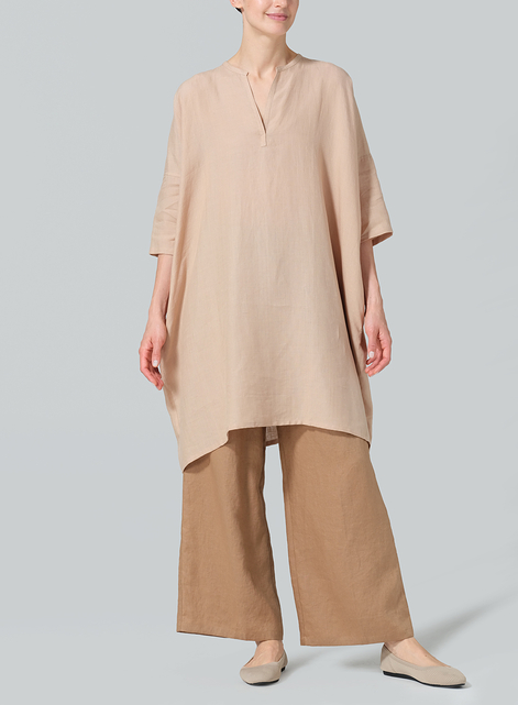 Linen Wide A-line V-neck Mandarin Collar Tunic