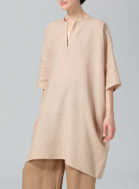 Linen Wide A-line V-neck Mandarin Collar Tunic