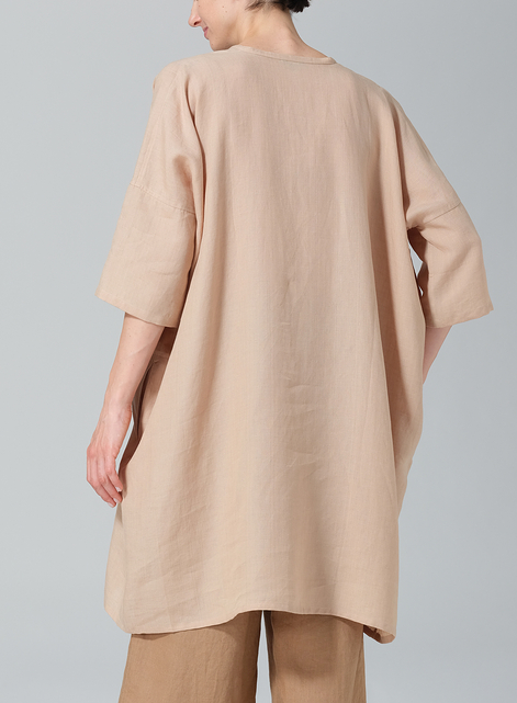 Linen Wide A-line V-neck Mandarin Collar Tunic