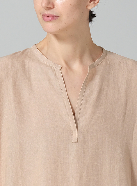 Linen Wide A-line V-neck Mandarin Collar Tunic