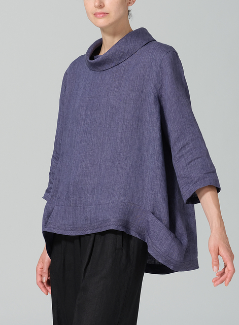 Linen Cowl Neck Curved Hem Top