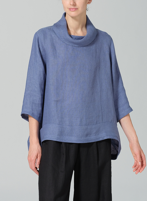 Linen Cowl Neck Curved Hem Top