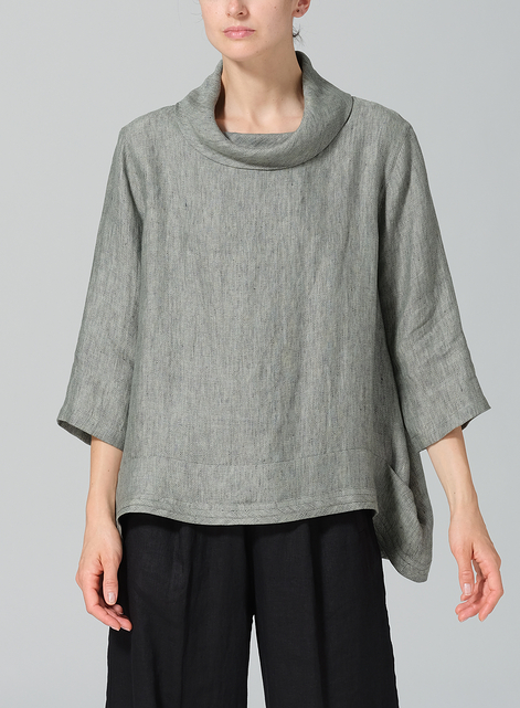 Linen Cowl Neck Curved Hem Top