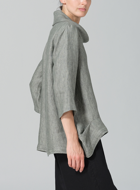 Linen Cowl Neck Curved Hem Top