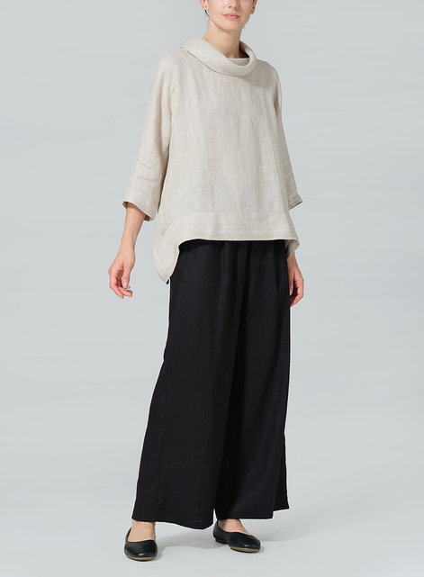 Linen Cowl Neck Curved Hem Top