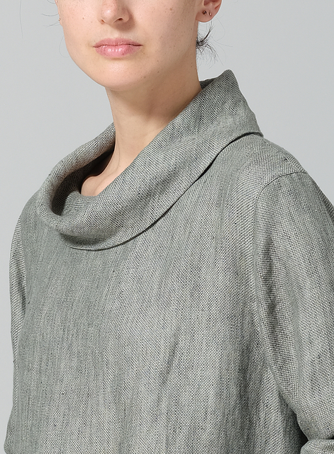 Linen Cowl Neck Curved Hem Top