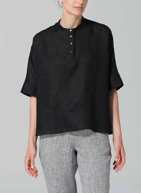 Linen Mandarin Collar Boxy Shirt