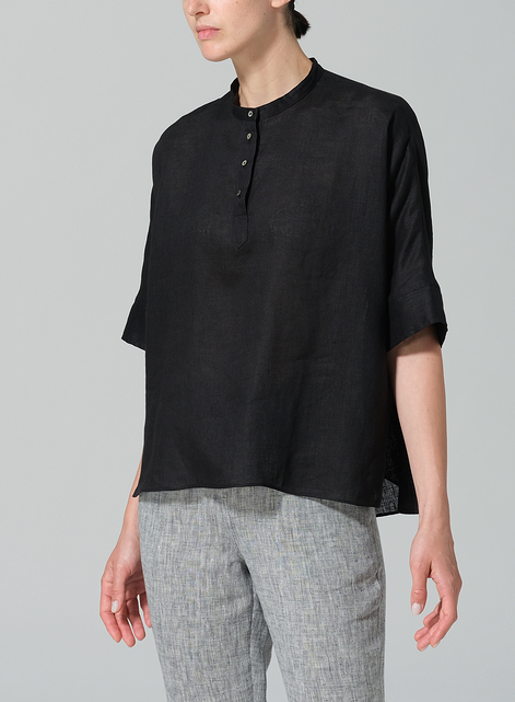 Linen Mandarin Collar Boxy Shirt