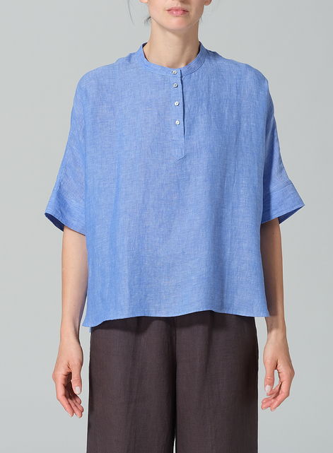 Linen Mandarin Collar Boxy Shirt