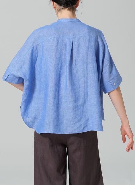 Linen Mandarin Collar Boxy Shirt