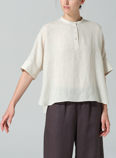 Linen Mandarin Collar Boxy Shirt