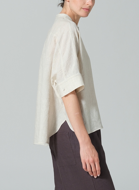 Linen Mandarin Collar Boxy Shirt