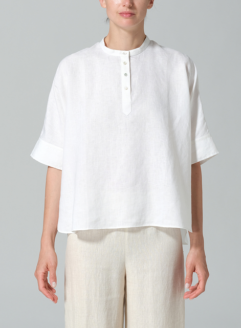 Linen Mandarin Collar Boxy Shirt