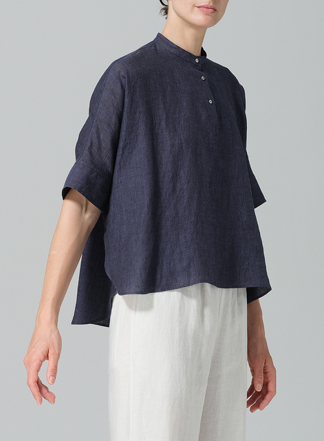 Linen Mandarin Collar Boxy Shirt