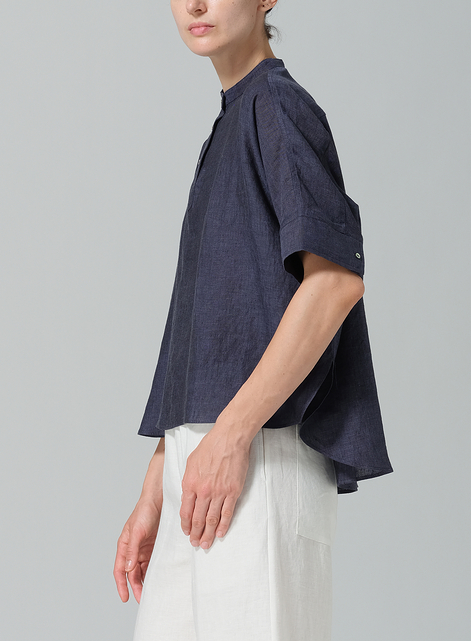 Linen Mandarin Collar Boxy Shirt