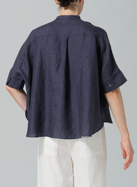 Linen Mandarin Collar Boxy Shirt