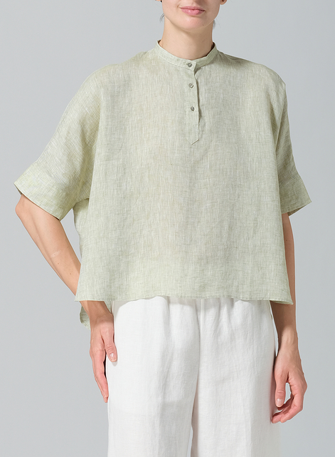 Linen Mandarin Collar Boxy Shirt