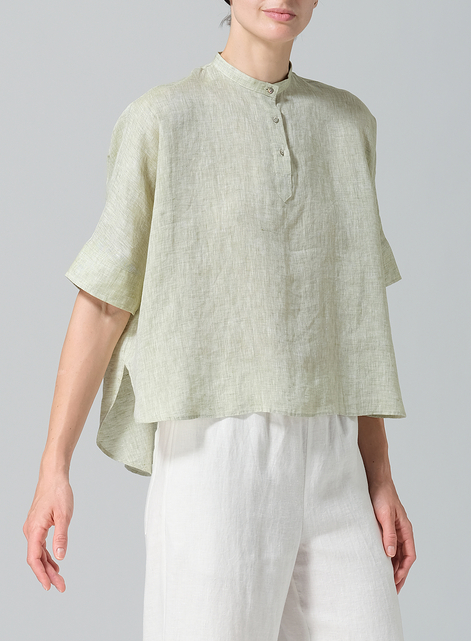 Linen Mandarin Collar Boxy Shirt