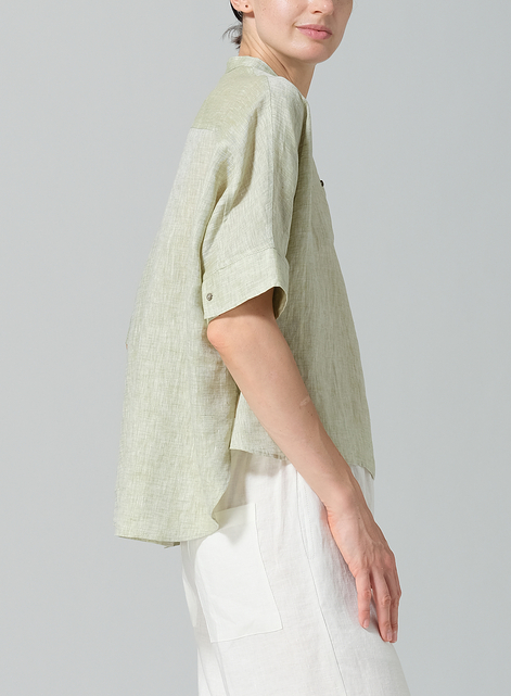 Linen Mandarin Collar Boxy Shirt