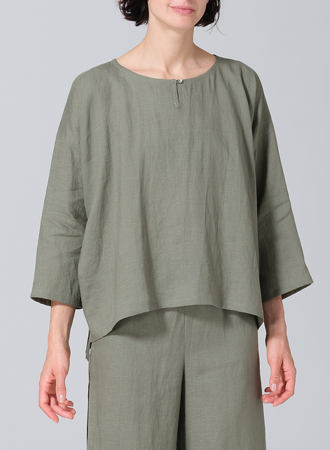 Linen Wide Round Neck Dropped Shoulder Top