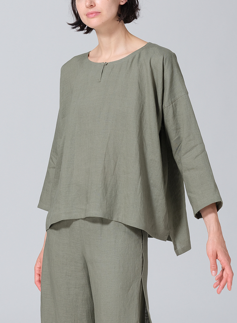 Linen Wide Round Neck Dropped Shoulder Top